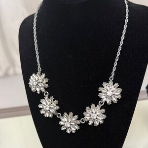 Crystal Flower Statement Necklace - Silver